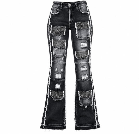 AMERICAN BAZI WOMEN'S STACKED RHINESTONE CARGO JEANS (RJH10733)