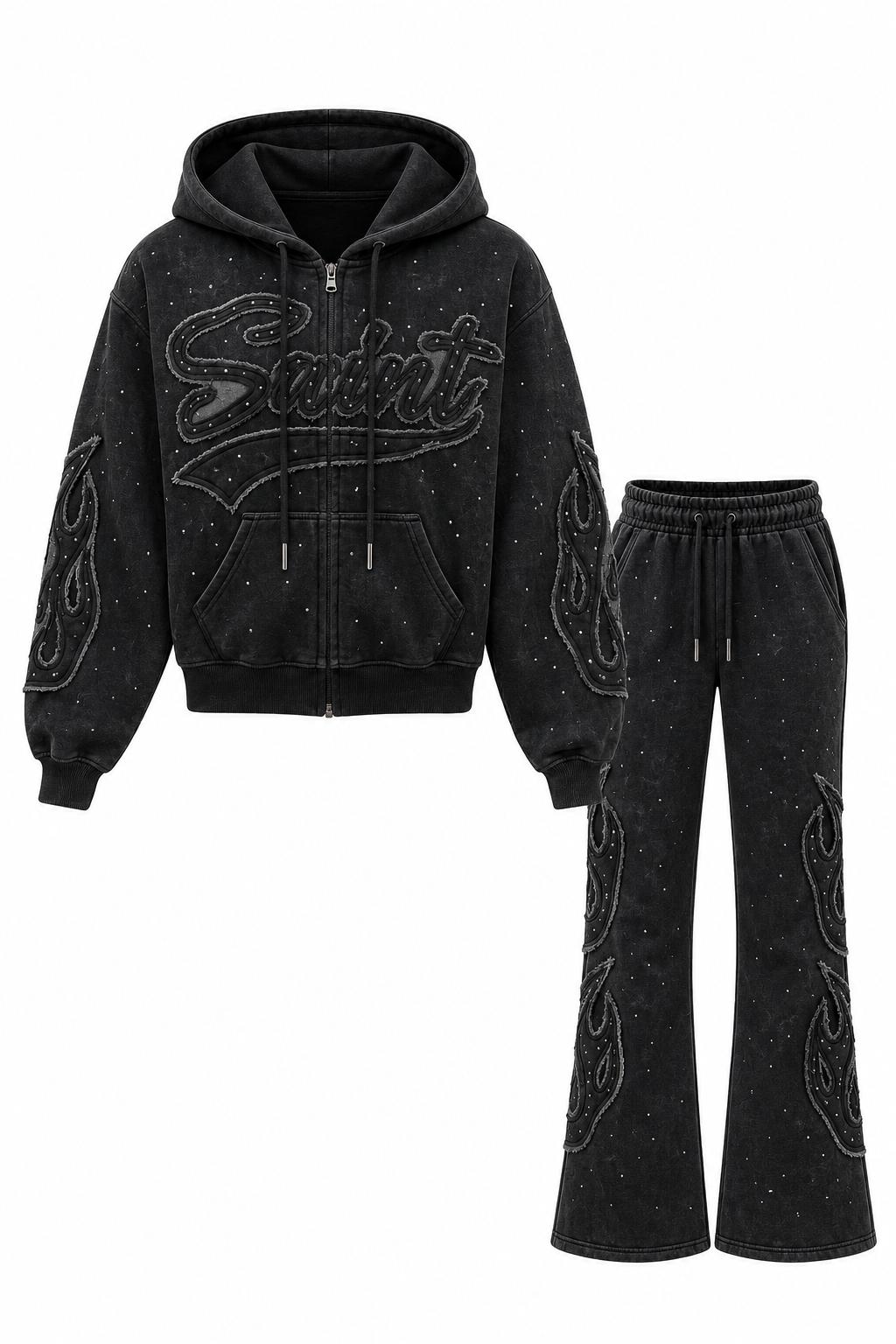 REDFOX WOMEN SAINT W/PATCH AND RHINESTONE FLEECE JOGGING SUIT (2PCS SET)
