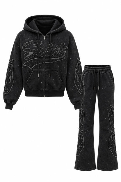 REDFOX WOMEN SAINT W/PATCH AND RHINESTONE FLEECE JOGGING SUIT (2PCS SET)