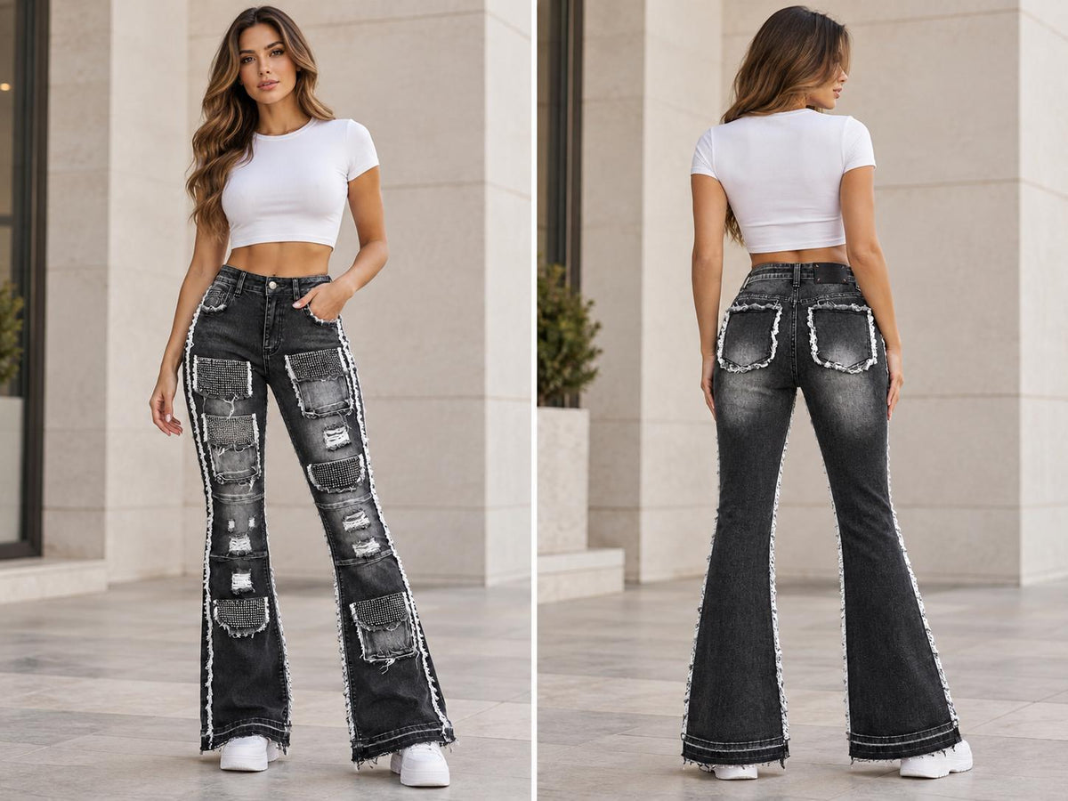 AMERICAN BAZI WOMEN'S STACKED RHINESTONE CARGO JEANS (RJH10733)