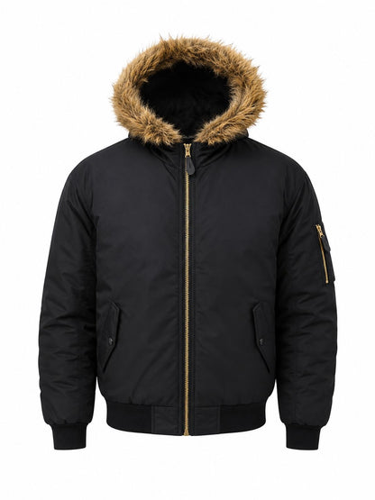 COPPER RIVET MEN PUFFER JACKET WITH FUR HOOD