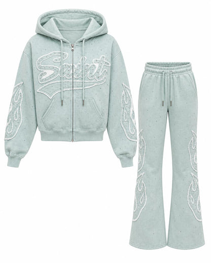 REDFOX WOMEN SAINT W/PATCH AND RHINESTONE FLEECE JOGGING SUIT (2PCS SET)