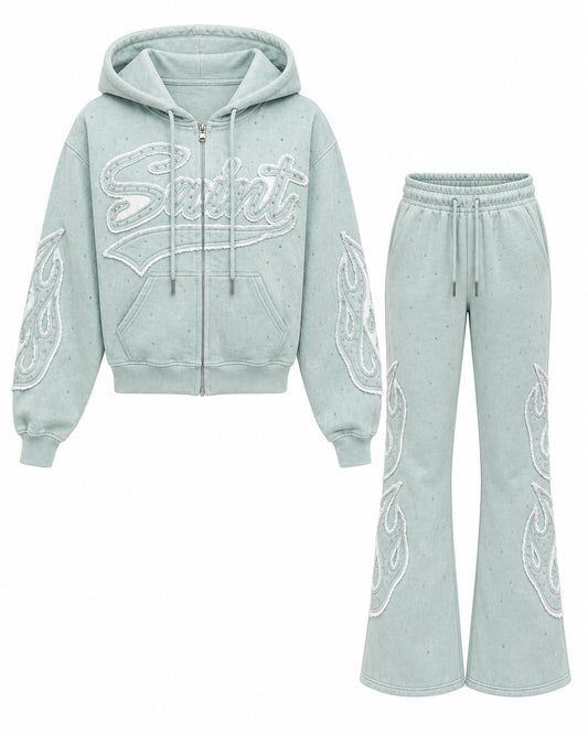 REDFOX WOMEN SAINT W/PATCH AND RHINESTONE FLEECE JOGGING SUIT (2PCS SET)