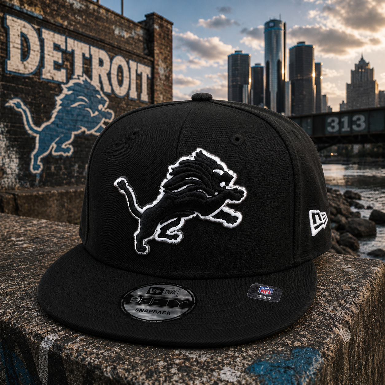 NEW ERA DETROIT LIONS BLACK/WHITE 9FIFTY SNAPBACK CAP