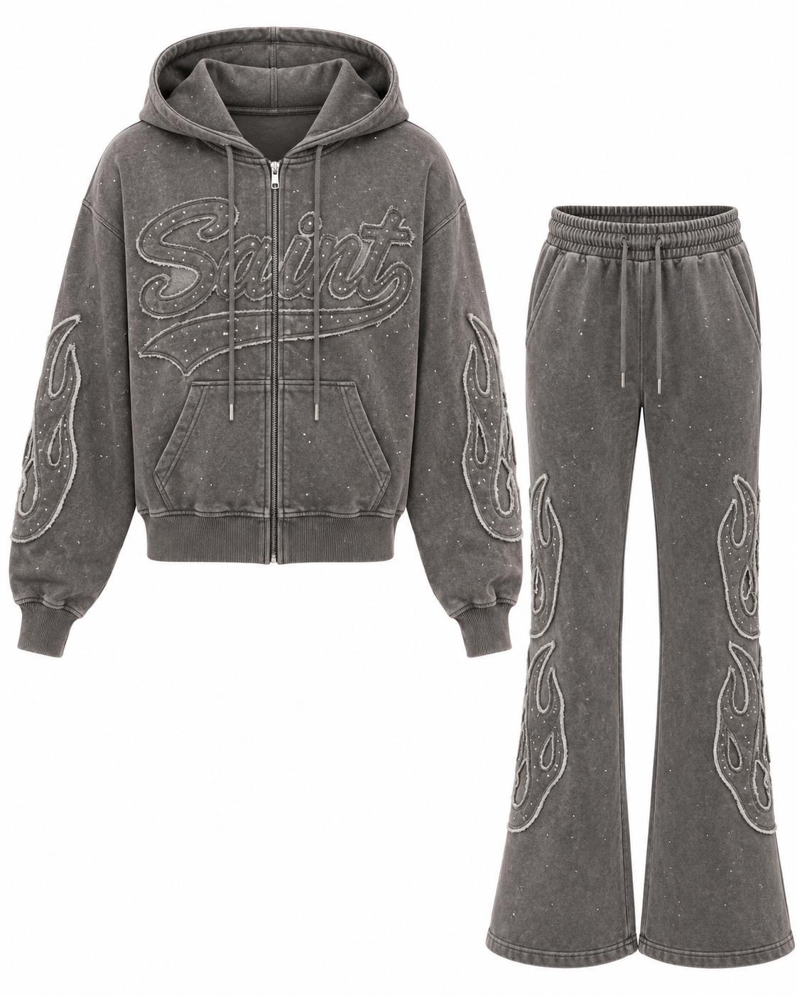 REDFOX WOMEN SAINT W/PATCH AND RHINESTONE FLEECE JOGGING SUIT (2PCS SET)