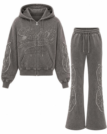 REDFOX WOMEN SAINT W/PATCH AND RHINESTONE FLEECE JOGGING SUIT (2PCS SET)