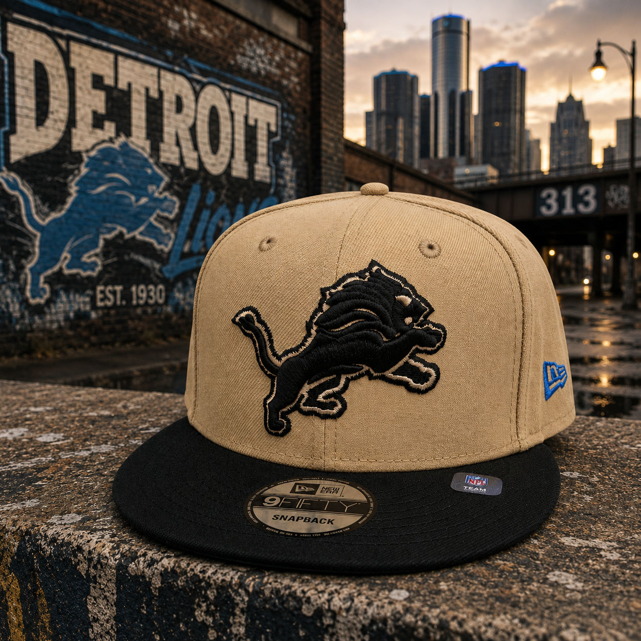 NEW ERA DETROIT LIONS CAMEL/BLACK 9FIFTY SNAPBACK CAP
