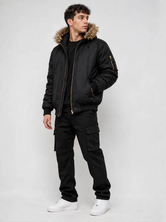 COPPER RIVET MEN PUFFER JACKET WITH FUR HOOD
