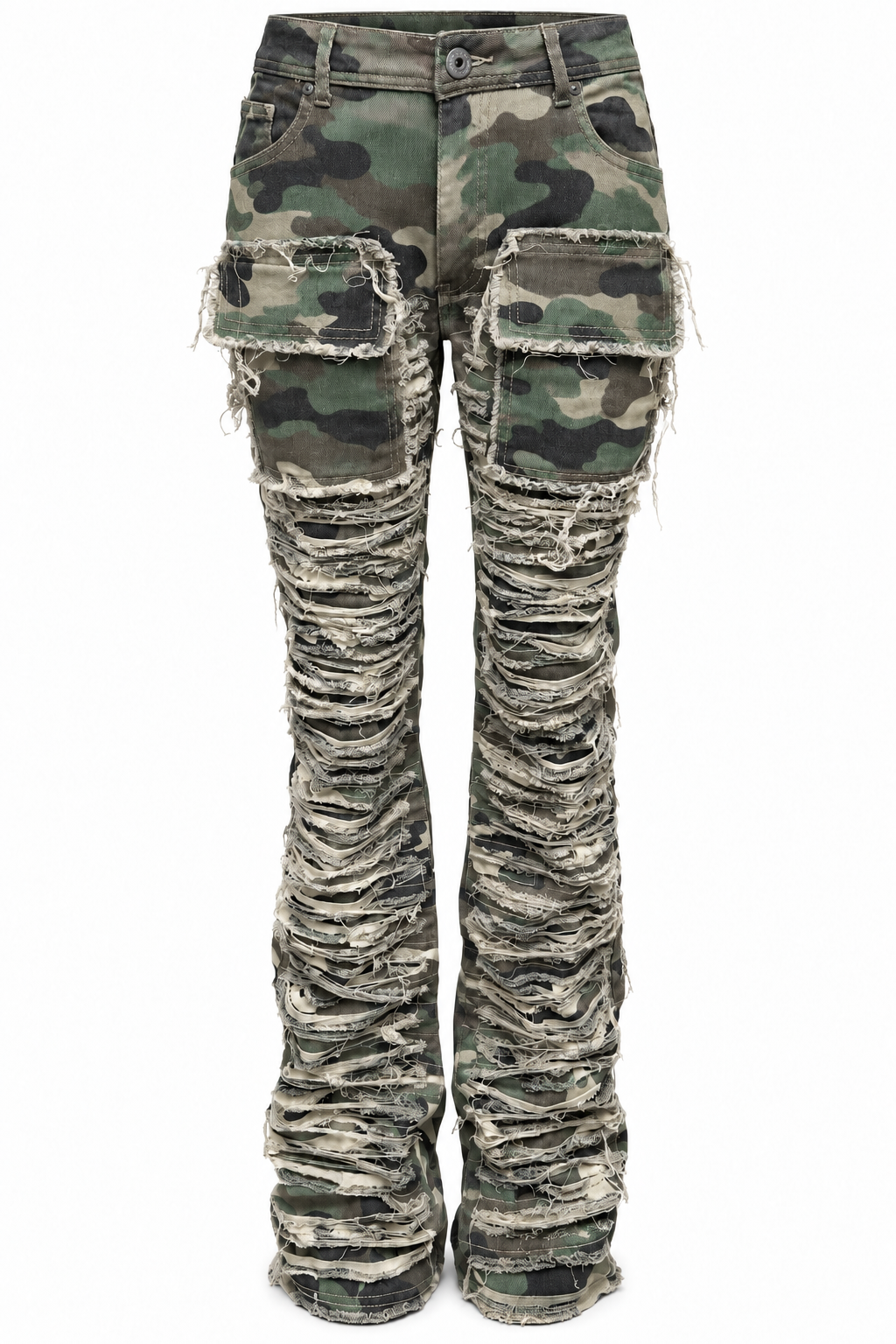REDFOX WOMEN'S CAMO SHREDDED STACKED CARGO JEANS (PA4424)
