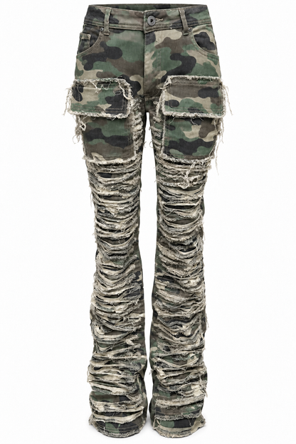 REDFOX WOMEN'S CAMO SHREDDED STACKED CARGO JEANS (PA4424)