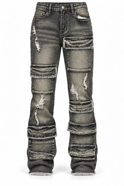 AMERICAN BAZI WOMEN'S DISTRESSED MULTI POCKET WIDE LEG JEANS (RJH21003)