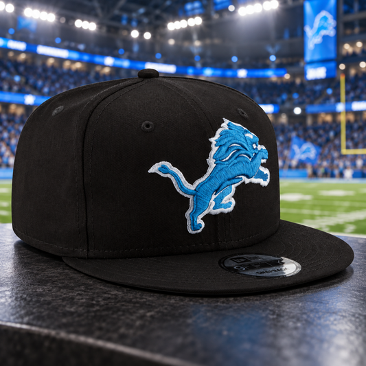 DETROIT LIONS NEW ERA BASIC 9FIFTY SNAPBACK HAT–BLACK/BLUE
