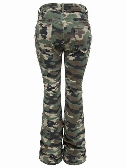 REDFOX WOMEN'S CAMO SHREDDED STACKED CARGO JEANS (PA4424)