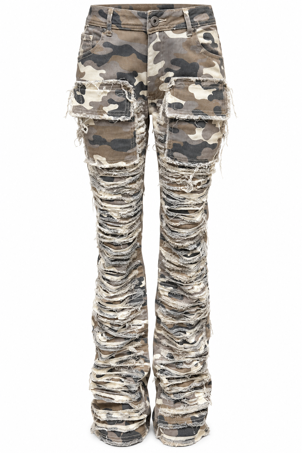 REDFOX WOMEN'S CAMO SHREDDED STACKED CARGO JEANS (PA4424)