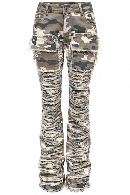 REDFOX WOMEN'S CAMO SHREDDED STACKED CARGO JEANS (PA4424)