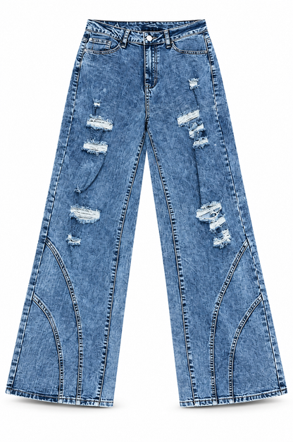 AMERICAN BAZI WOMEN'S DISTRSSED WIDE LEG JEANS (RJH9607)