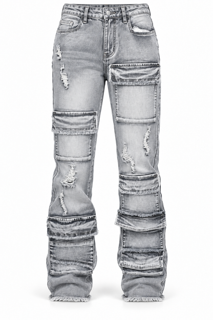 AMERICAN BAZI WOMEN'S DISTRESSED MULTI POCKET WIDE LEG JEANS (RJH21003)