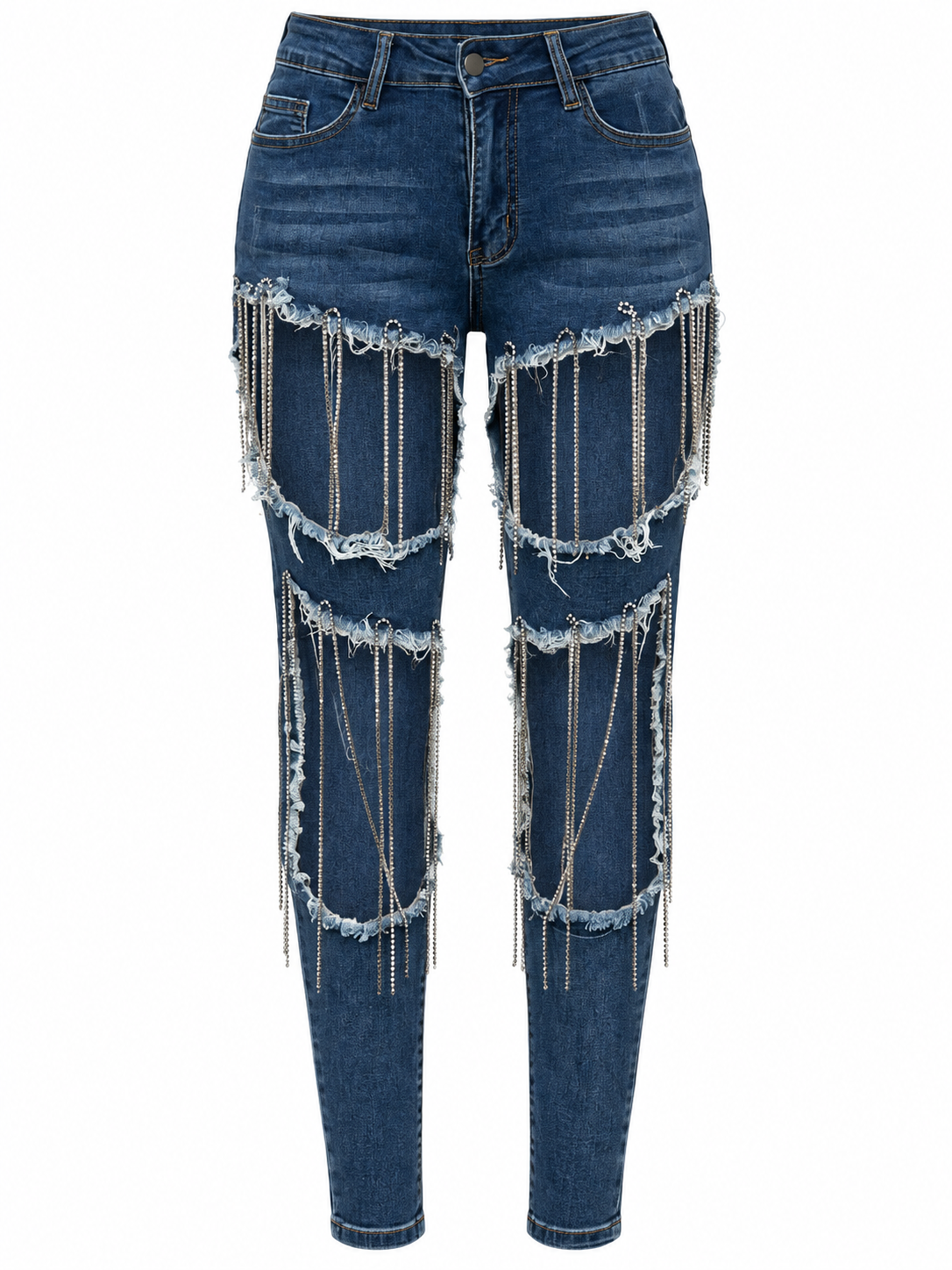 HOT & DELICIOUS WOMEN'S RHINESTONE FRINGE EXTREME DISTRESSED SKINNY JEANS (HDP25086)