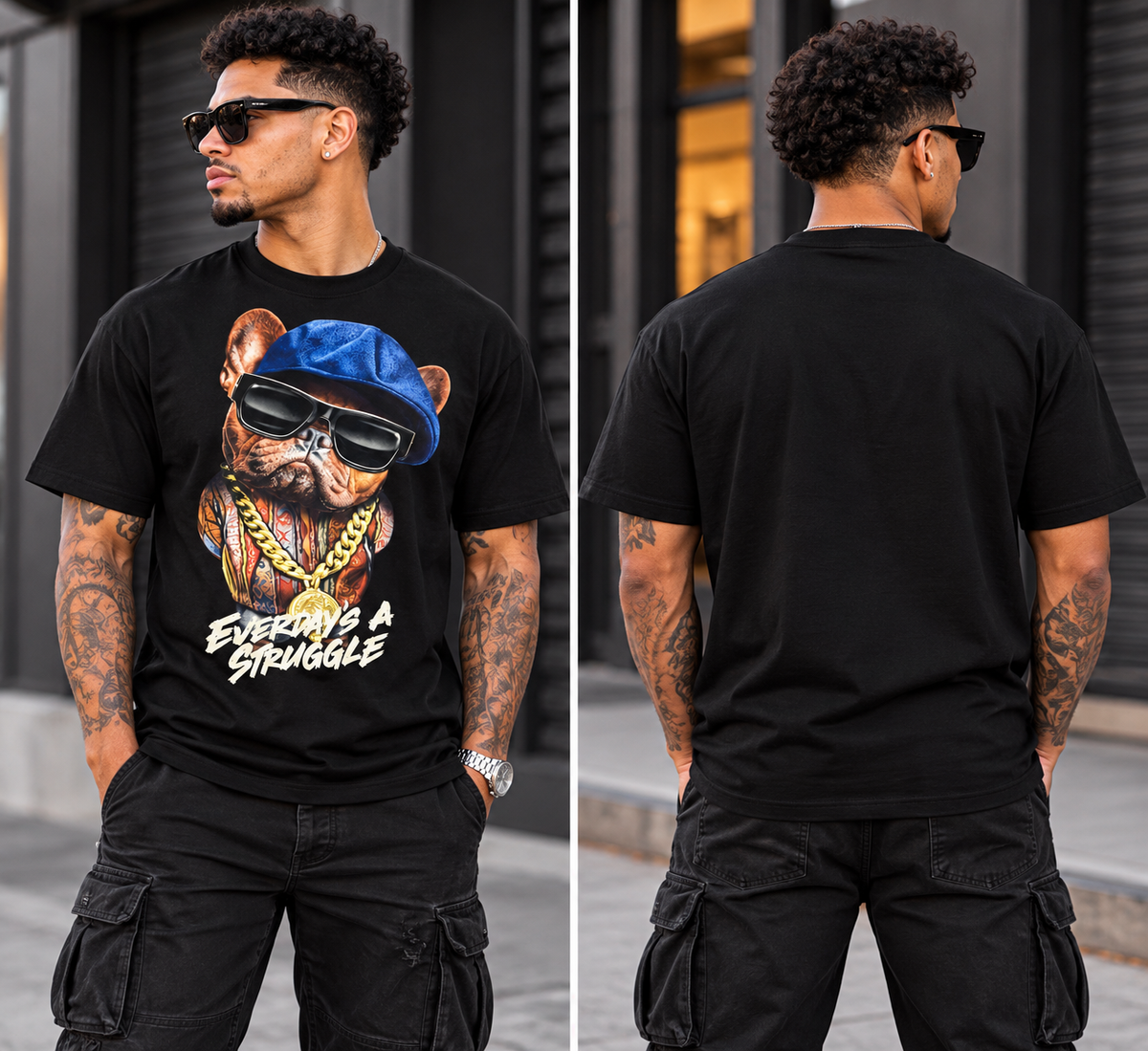 ODM MENS BLACK GANGSTA DOG EVERYDAY STRUGGLE GRAPHIC T-SHIRT